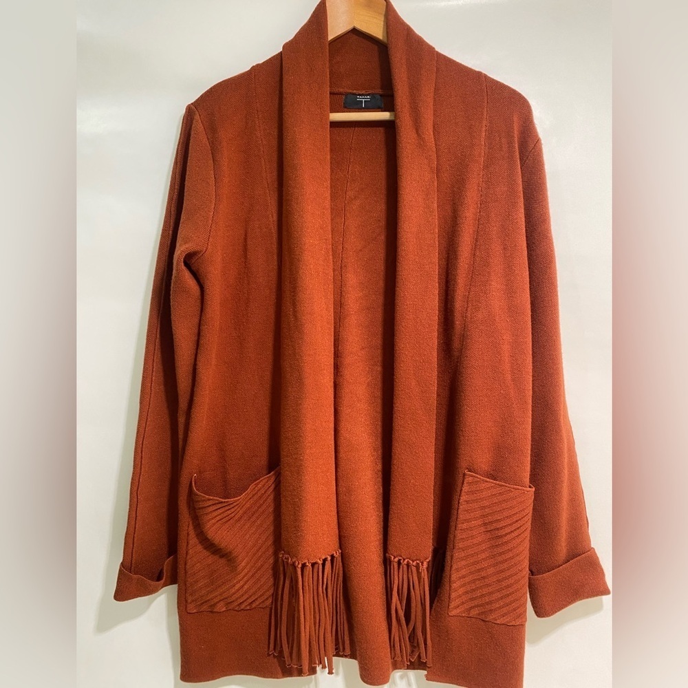 Tahari Terracotta fringe Cardigan Sweater